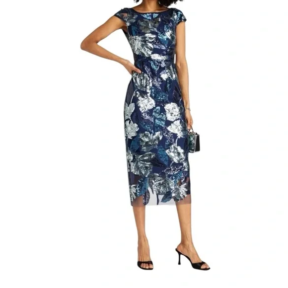 Marchesa Notte Blue Silver Sequin Floral Embellished Midi Dress 16 - Picture 3 of 6